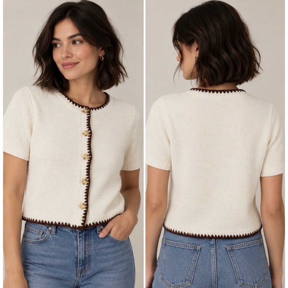 Willow & Wind Cream Short Sleeve Cardigan Contrast Stitch Brown Trim Large